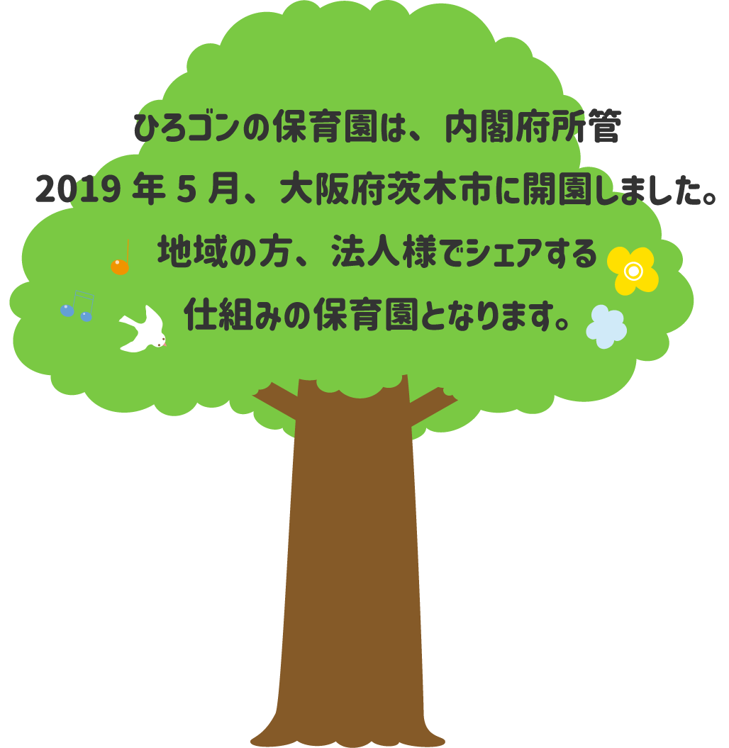 ひろゴンの保育園は、内閣府の認可を受け2019年5月に大阪府茨木市に開園した保育園です。地域の方、法人様でシェアする仕組みの保育園となります。